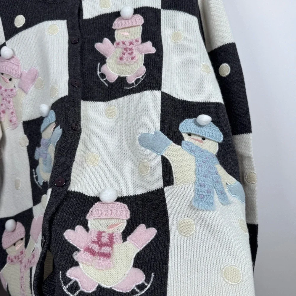 VTG Marisa Christina Cardigan M Patch Snowman Winter Holiday Ugly Sweater Retro
